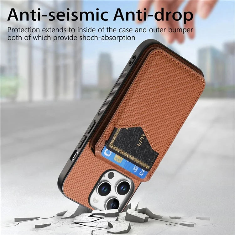 For iPhone 16 Pro Max Case Carbon Fiber Texture Leather+TPU Kickstand Phone Cover Detachable Card Holder