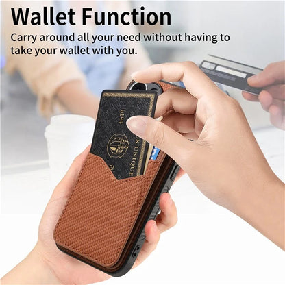 For iPhone 16 Pro Max Case Carbon Fiber Texture Leather+TPU Kickstand Phone Cover Detachable Card Holder