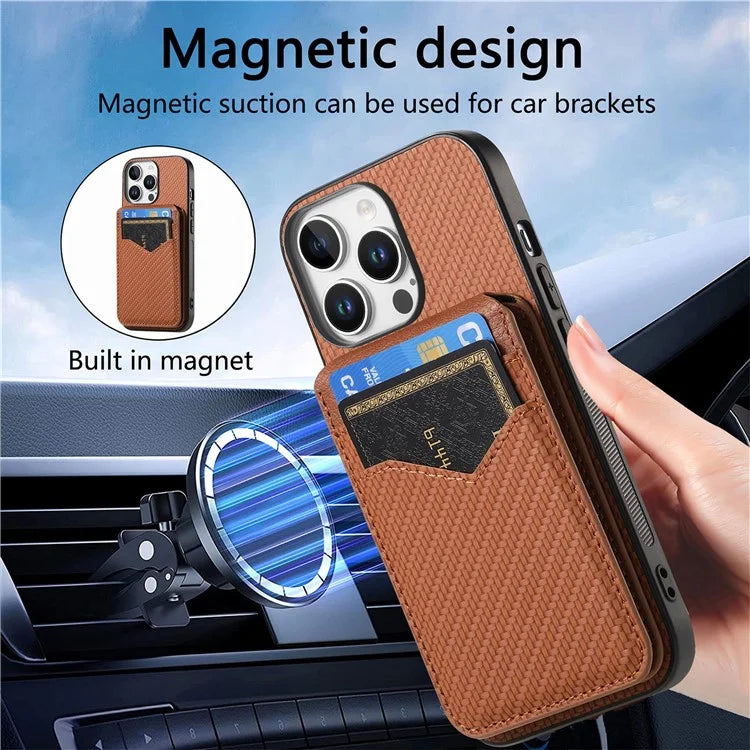 For iPhone 16 Pro Max Case Carbon Fiber Texture Leather+TPU Kickstand Phone Cover Detachable Card Holder