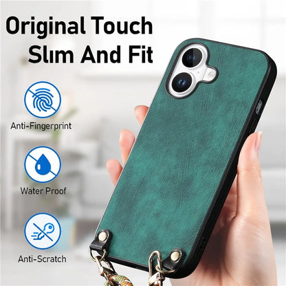 For iPhone 16 Case Retro Texture Leather Coated PC+TPU Phone Cover with Hanging Rope