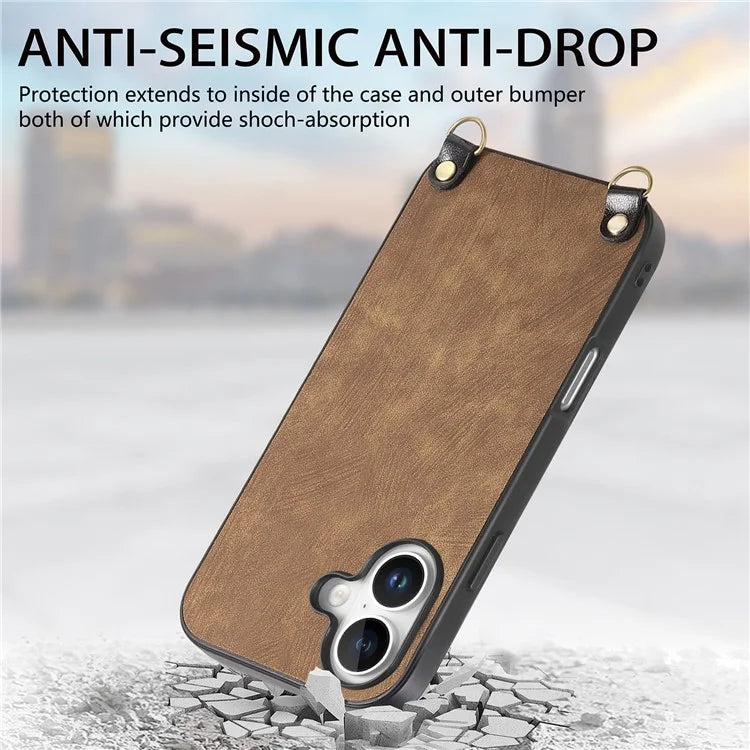 For iPhone 16 Case Retro Texture Leather Coated PC+TPU Phone Cover with Hanging Rope