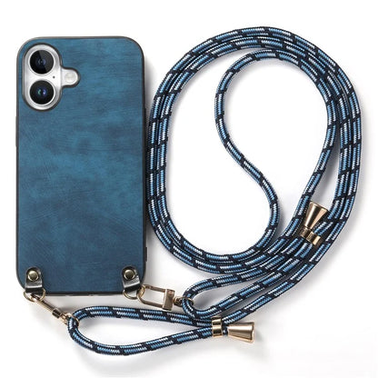 For iPhone 16 Case Retro Texture Leather Coated PC+TPU Phone Cover with Hanging Rope