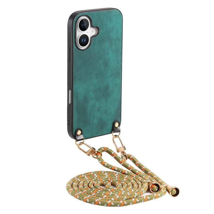 For iPhone 16 Plus Case Retro Texture Leather Coated PC+TPU Phone Cover with Hanging Rope