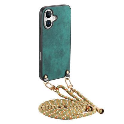 For iPhone 16 Plus Case Retro Texture Leather Coated PC+TPU Phone Cover with Hanging Rope