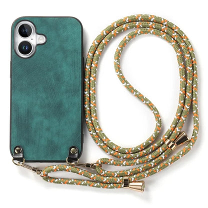 For iPhone 16 Plus Case Retro Texture Leather Coated PC+TPU Phone Cover with Hanging Rope