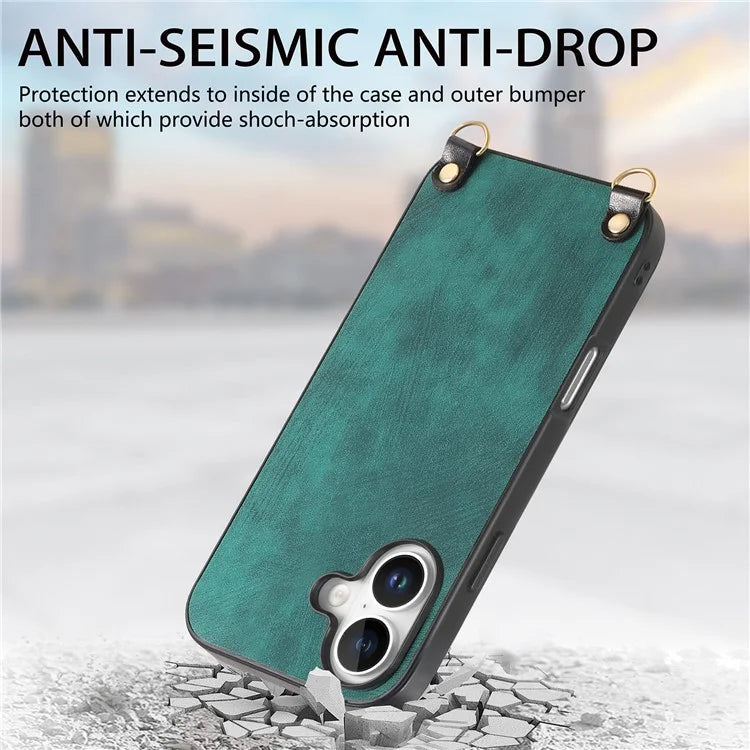 For iPhone 16 Plus Case Retro Texture Leather Coated PC+TPU Phone Cover with Hanging Rope