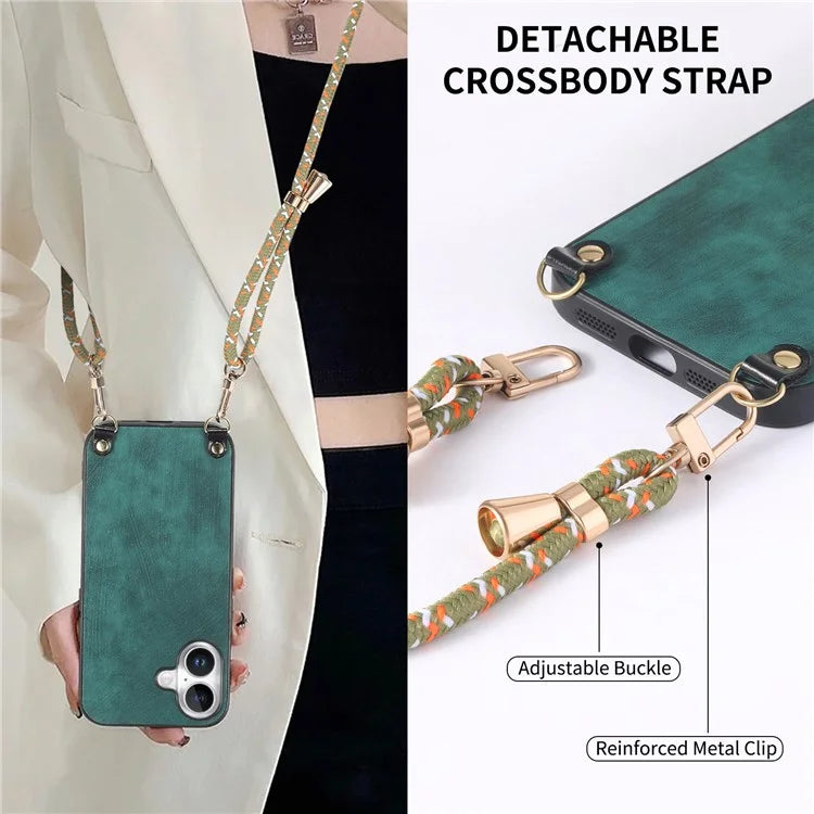 For iPhone 16 Plus Case Retro Texture Leather Coated PC+TPU Phone Cover with Hanging Rope