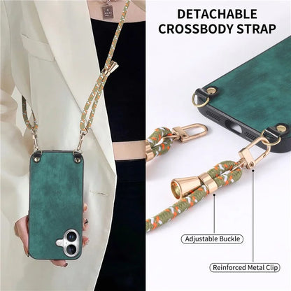 For iPhone 16 Plus Case Retro Texture Leather Coated PC+TPU Phone Cover with Hanging Rope