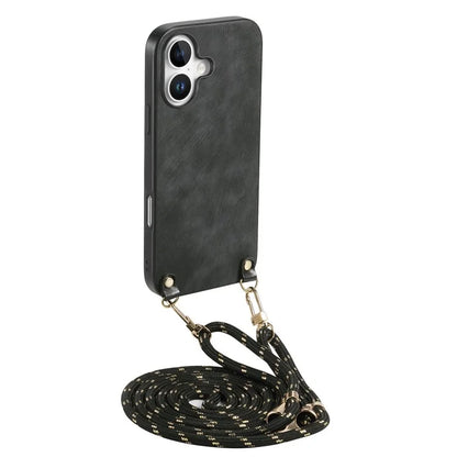 For iPhone 16 Plus Case Retro Texture Leather Coated PC+TPU Phone Cover with Hanging Rope