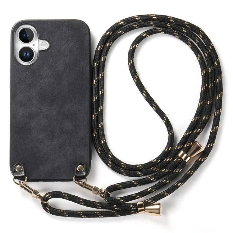 For iPhone 16 Plus Case Retro Texture Leather Coated PC+TPU Phone Cover with Hanging Rope
