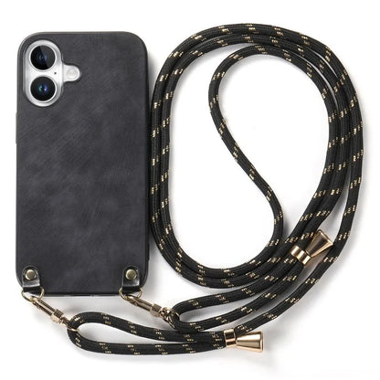 For iPhone 16 Plus Case Retro Texture Leather Coated PC+TPU Phone Cover with Hanging Rope