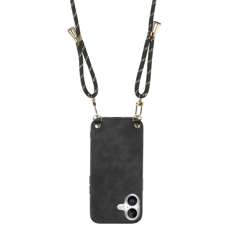 For iPhone 16 Plus Case Retro Texture Leather Coated PC+TPU Phone Cover with Hanging Rope