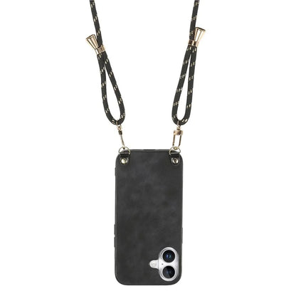 For iPhone 16 Plus Case Retro Texture Leather Coated PC+TPU Phone Cover with Hanging Rope