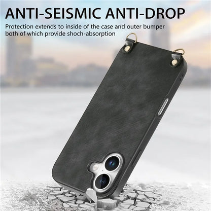 For iPhone 16 Plus Case Retro Texture Leather Coated PC+TPU Phone Cover with Hanging Rope