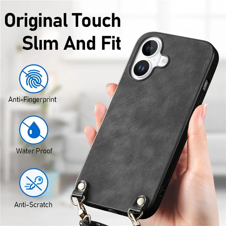 For iPhone 16 Plus Case Retro Texture Leather Coated PC+TPU Phone Cover with Hanging Rope