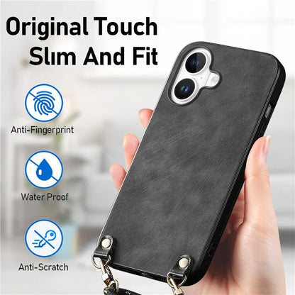 For iPhone 16 Plus Case Retro Texture Leather Coated PC+TPU Phone Cover with Hanging Rope