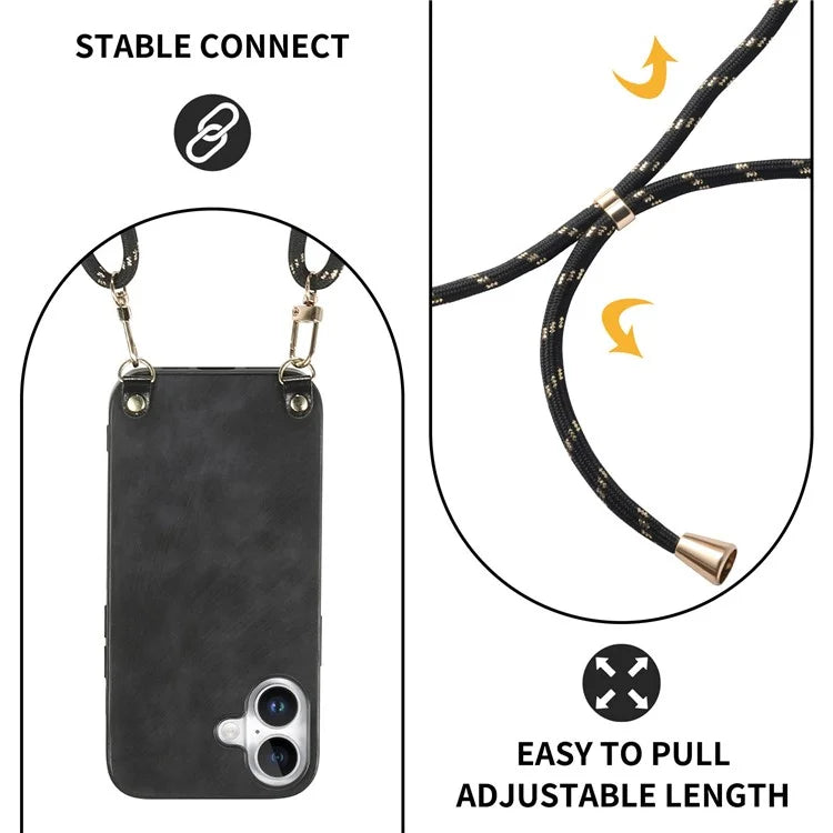 For iPhone 16 Plus Case Retro Texture Leather Coated PC+TPU Phone Cover with Hanging Rope