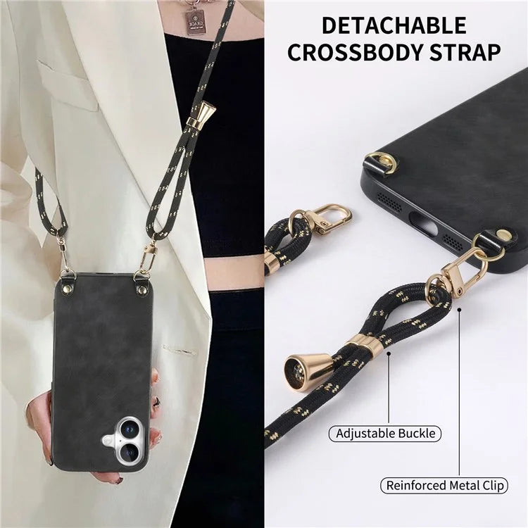 For iPhone 16 Plus Case Retro Texture Leather Coated PC+TPU Phone Cover with Hanging Rope