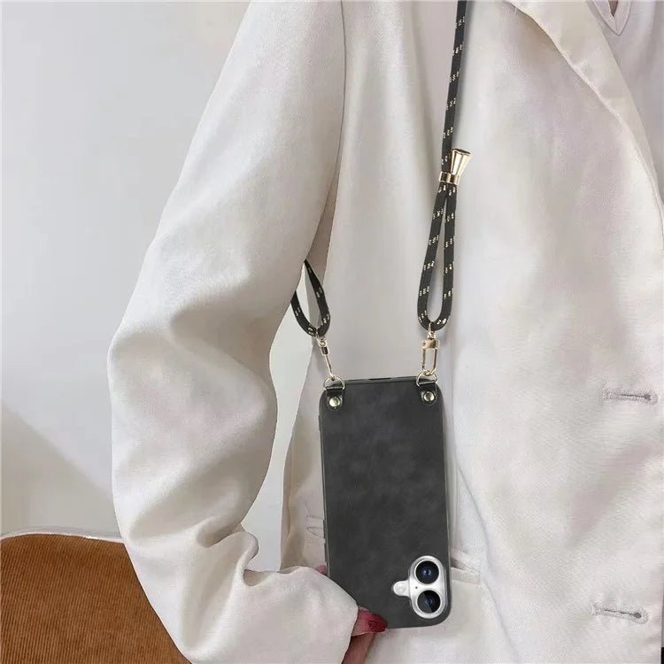 For iPhone 16 Plus Case Retro Texture Leather Coated PC+TPU Phone Cover with Hanging Rope