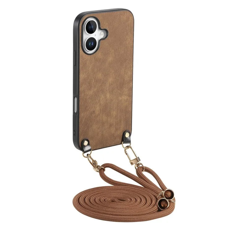 For iPhone 16 Plus Case Retro Texture Leather Coated PC+TPU Phone Cover with Hanging Rope