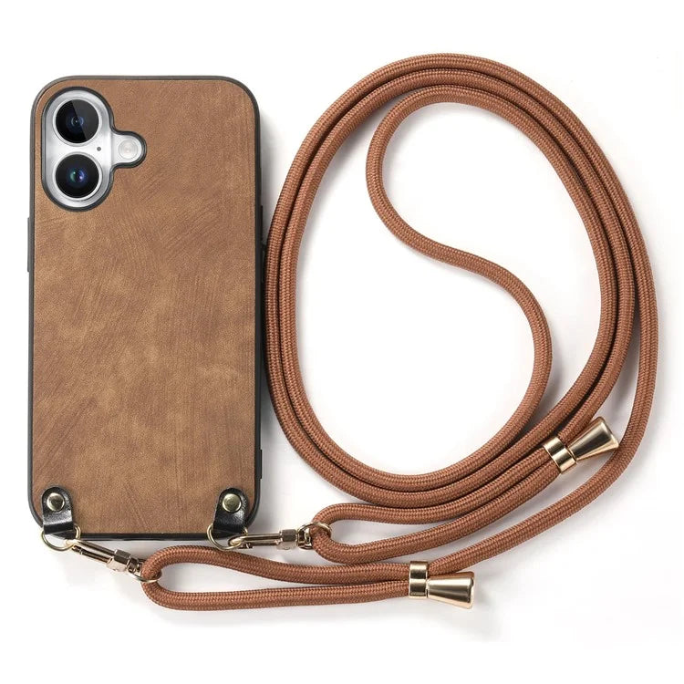 For iPhone 16 Plus Case Retro Texture Leather Coated PC+TPU Phone Cover with Hanging Rope