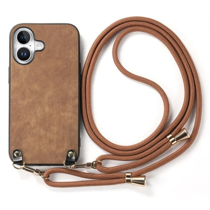 For iPhone 16 Plus Case Retro Texture Leather Coated PC+TPU Phone Cover with Hanging Rope