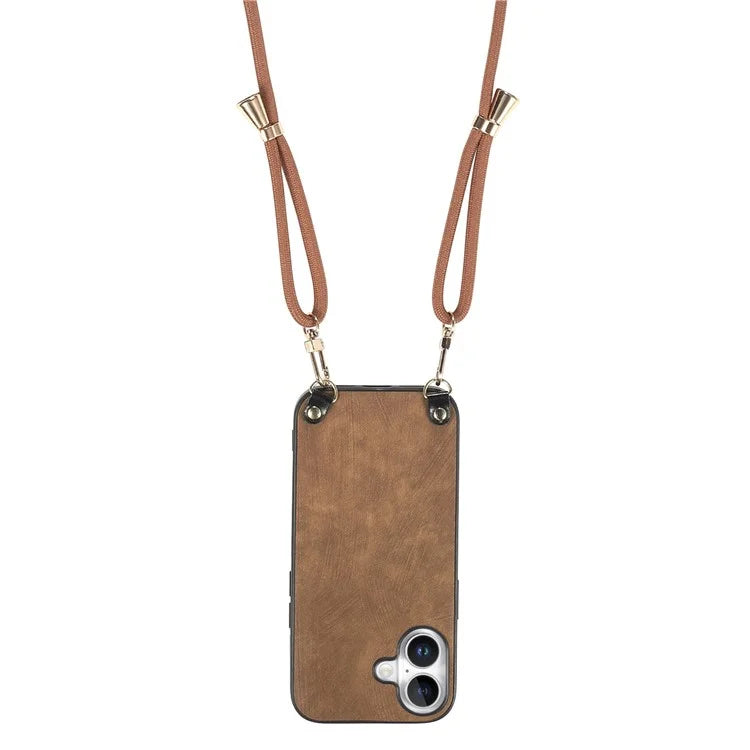 For iPhone 16 Plus Case Retro Texture Leather Coated PC+TPU Phone Cover with Hanging Rope