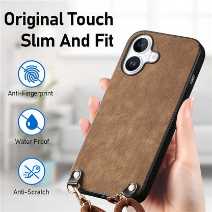 For iPhone 16 Plus Case Retro Texture Leather Coated PC+TPU Phone Cover with Hanging Rope