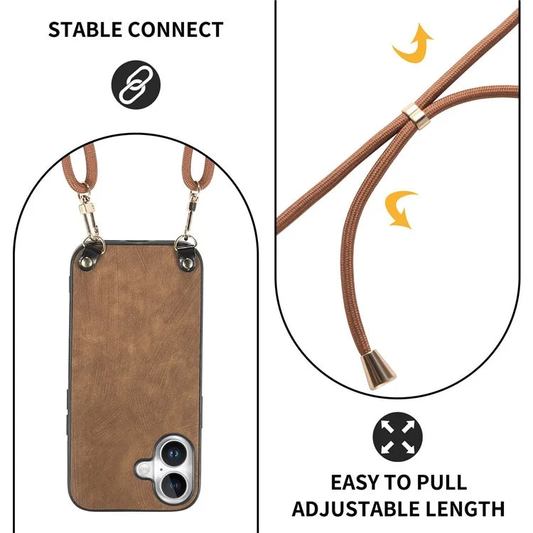 For iPhone 16 Plus Case Retro Texture Leather Coated PC+TPU Phone Cover with Hanging Rope