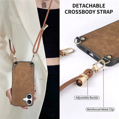 For iPhone 16 Plus Case Retro Texture Leather Coated PC+TPU Phone Cover with Hanging Rope