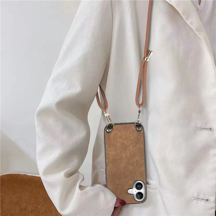 For iPhone 16 Plus Case Retro Texture Leather Coated PC+TPU Phone Cover with Hanging Rope