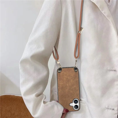 For iPhone 16 Plus Case Retro Texture Leather Coated PC+TPU Phone Cover with Hanging Rope