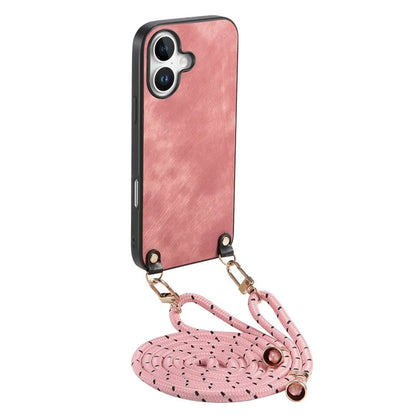 For iPhone 16 Plus Case Retro Texture Leather Coated PC+TPU Phone Cover with Hanging Rope