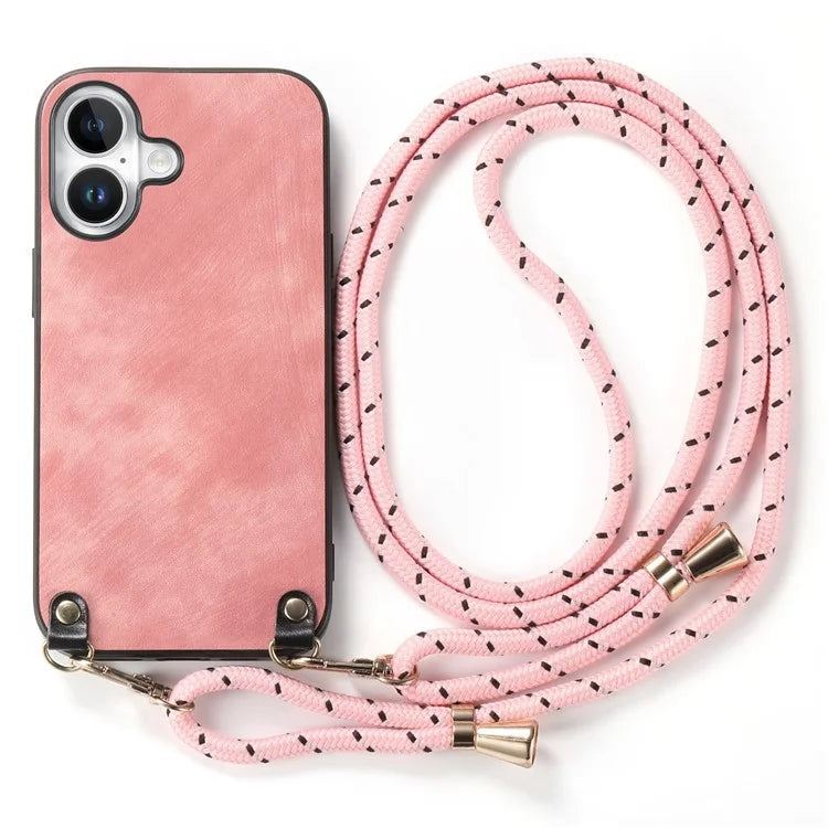For iPhone 16 Plus Case Retro Texture Leather Coated PC+TPU Phone Cover with Hanging Rope