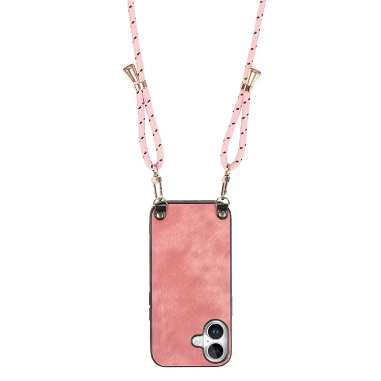 For iPhone 16 Plus Case Retro Texture Leather Coated PC+TPU Phone Cover with Hanging Rope