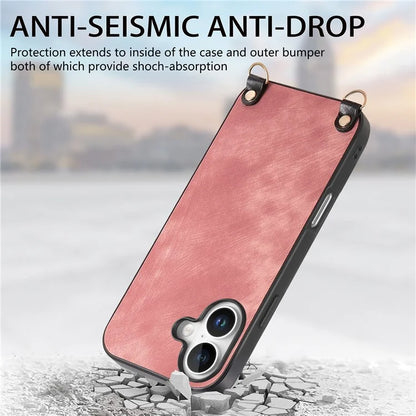For iPhone 16 Plus Case Retro Texture Leather Coated PC+TPU Phone Cover with Hanging Rope