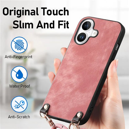 For iPhone 16 Plus Case Retro Texture Leather Coated PC+TPU Phone Cover with Hanging Rope