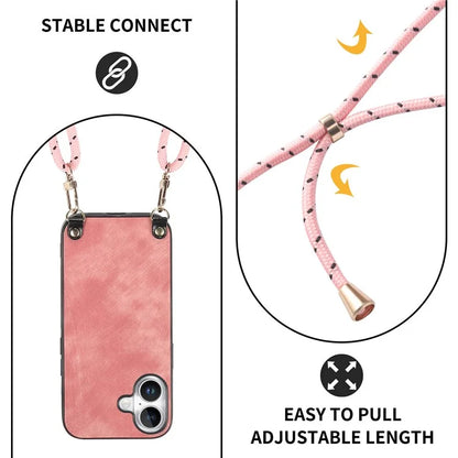 For iPhone 16 Plus Case Retro Texture Leather Coated PC+TPU Phone Cover with Hanging Rope
