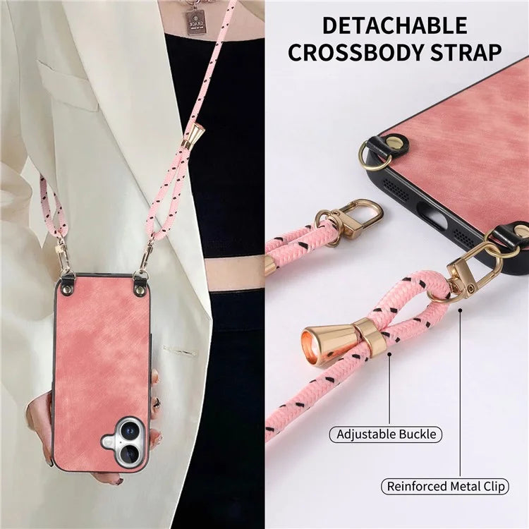 For iPhone 16 Plus Case Retro Texture Leather Coated PC+TPU Phone Cover with Hanging Rope