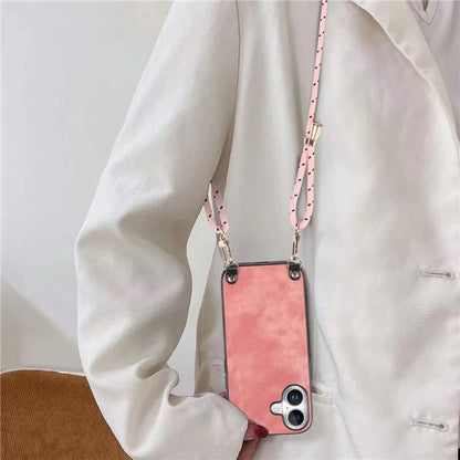 For iPhone 16 Plus Case Retro Texture Leather Coated PC+TPU Phone Cover with Hanging Rope