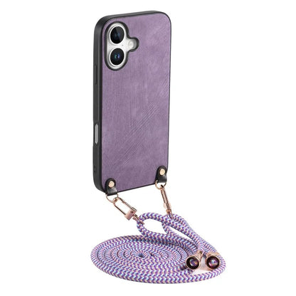 For iPhone 16 Plus Case Retro Texture Leather Coated PC+TPU Phone Cover with Hanging Rope