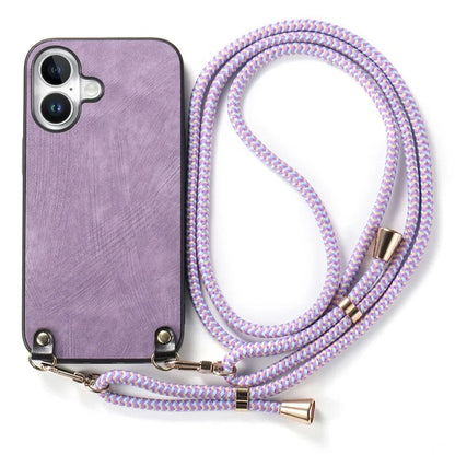 For iPhone 16 Plus Case Retro Texture Leather Coated PC+TPU Phone Cover with Hanging Rope
