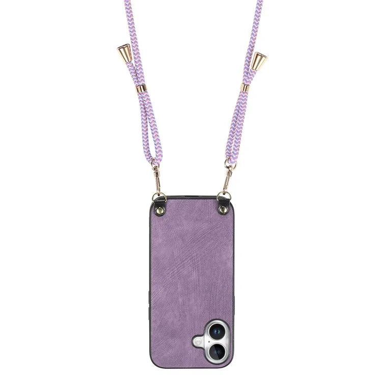 For iPhone 16 Plus Case Retro Texture Leather Coated PC+TPU Phone Cover with Hanging Rope