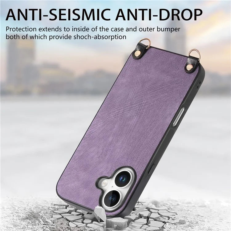 For iPhone 16 Plus Case Retro Texture Leather Coated PC+TPU Phone Cover with Hanging Rope