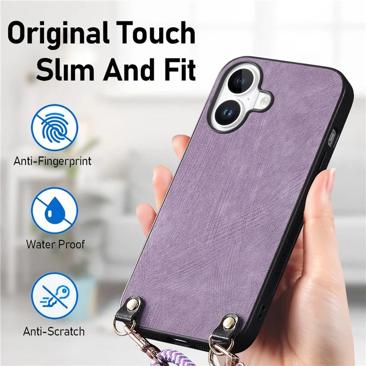 For iPhone 16 Plus Case Retro Texture Leather Coated PC+TPU Phone Cover with Hanging Rope
