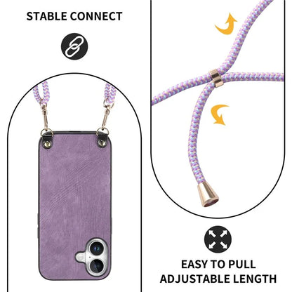 For iPhone 16 Plus Case Retro Texture Leather Coated PC+TPU Phone Cover with Hanging Rope
