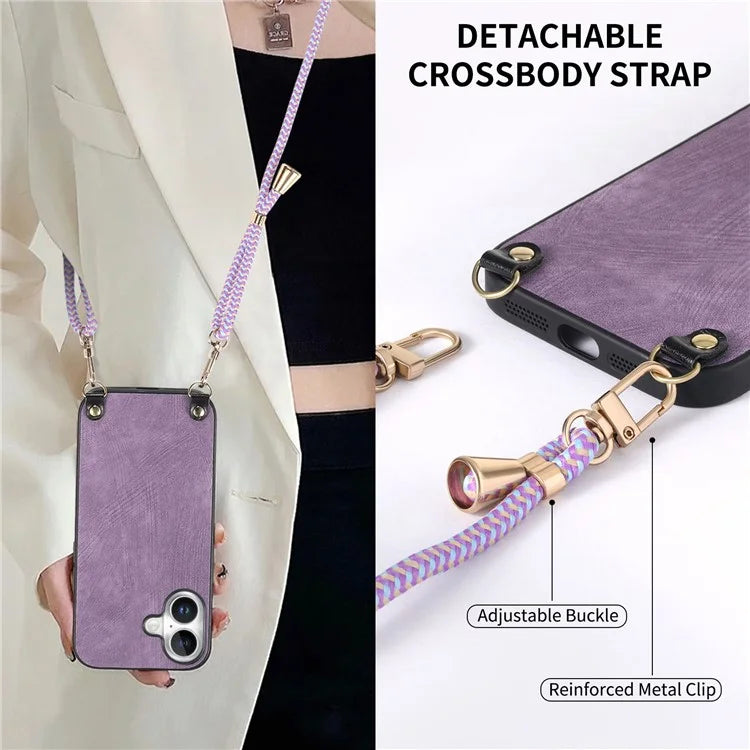 For iPhone 16 Plus Case Retro Texture Leather Coated PC+TPU Phone Cover with Hanging Rope