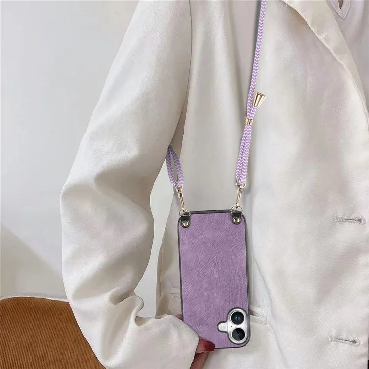 For iPhone 16 Plus Case Retro Texture Leather Coated PC+TPU Phone Cover with Hanging Rope