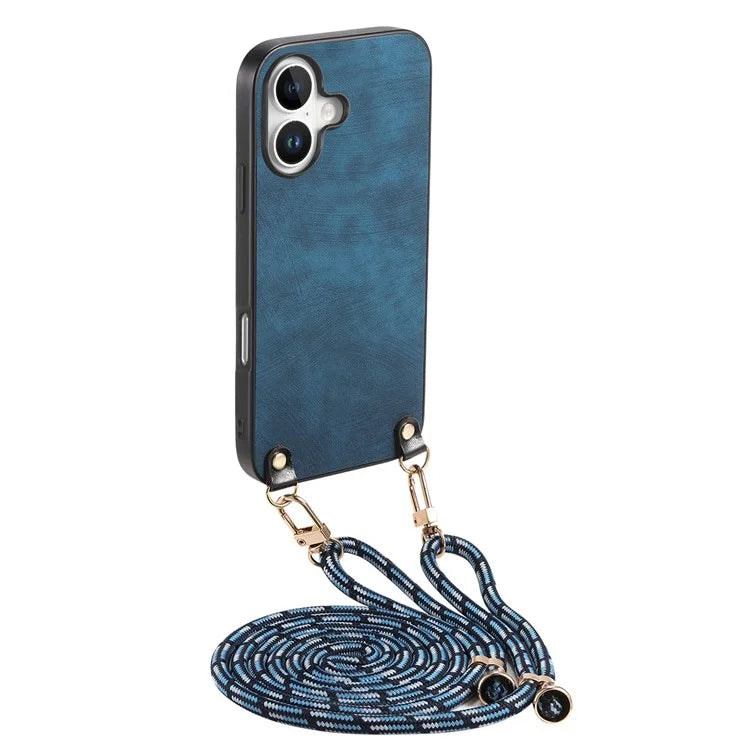 For iPhone 16 Plus Case Retro Texture Leather Coated PC+TPU Phone Cover with Hanging Rope