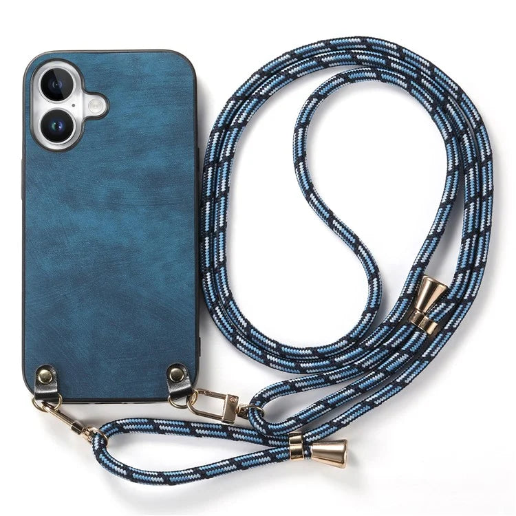 For iPhone 16 Plus Case Retro Texture Leather Coated PC+TPU Phone Cover with Hanging Rope